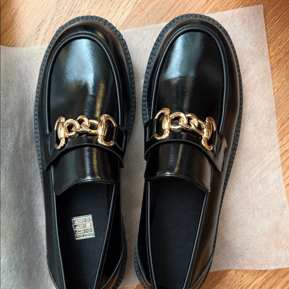 Black Loafers with Gold Chain Detail